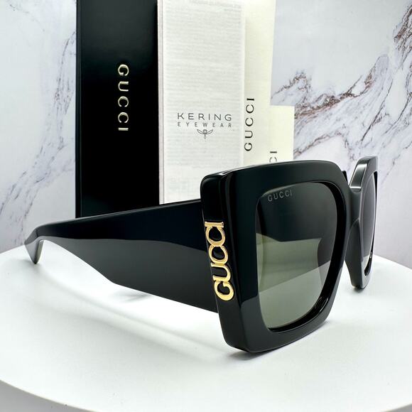 New GUCCI Sunglasses Black Gold Logo Square Oversized 51mm Grey Lens Womens main image 9